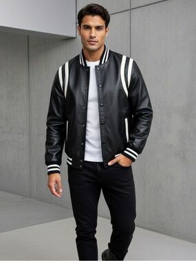 Ring of Fire Black Faux Leather Varsity Jacket with White Stripes
